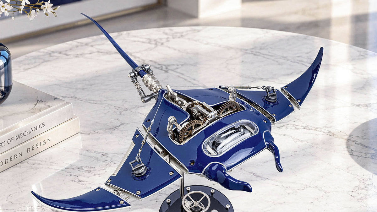 Motorised metal manta with wings spread on a marble tabletop, from the Mechanical Art collection of gear-driven sculptures by IFL Watches.