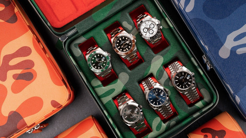 IFL's exclusive camouflage print watch boxes and rolls with bold, daring style for storing timepieces, crafted from durable leather and soft suede