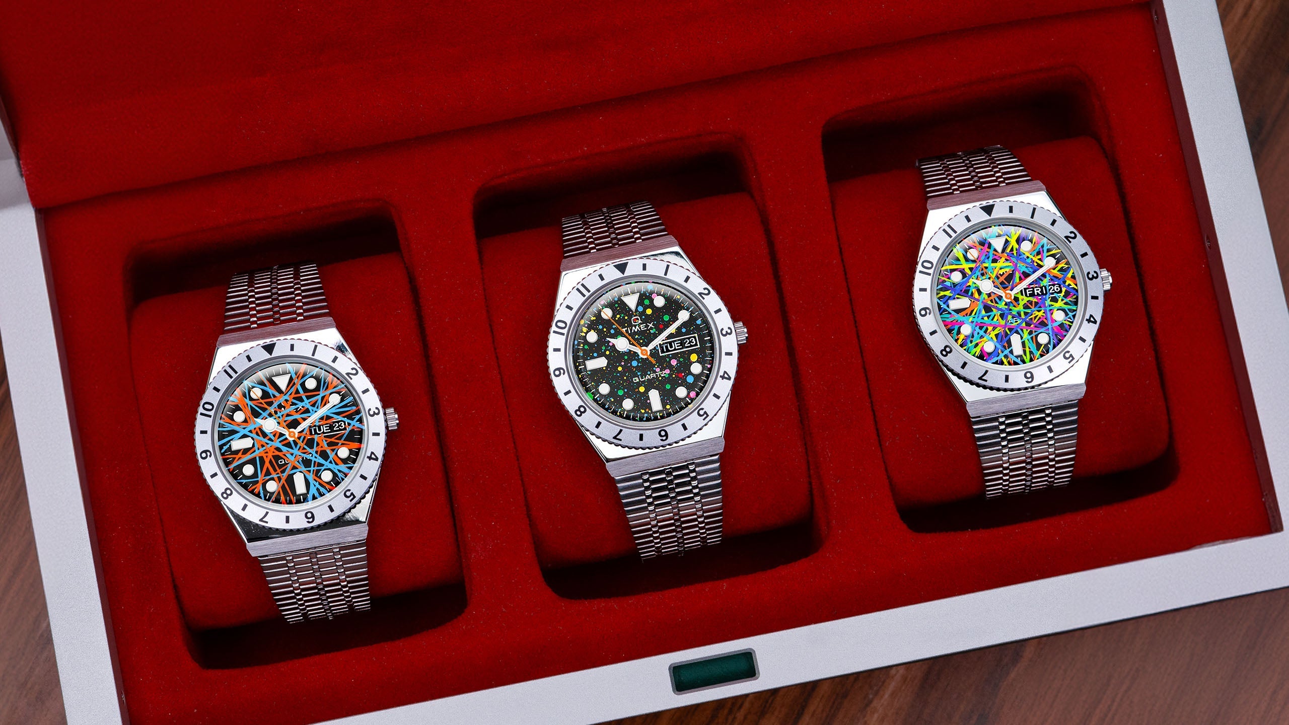 Timex Q Diver Custom Collection, featuring vibrant, hand-painted abstract designs on the watch dials, emphasizing exclusivity and artistic craftsmanship