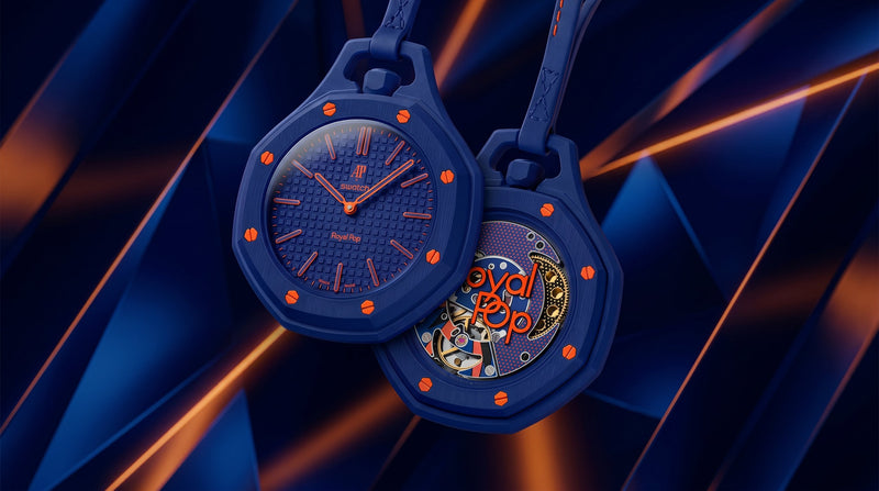 AP × Swatch Royal Pop case-strap kits — Orenji Hachi colourway in a dramatic blue-and-orange light scene, front and back view, by IFL Watches