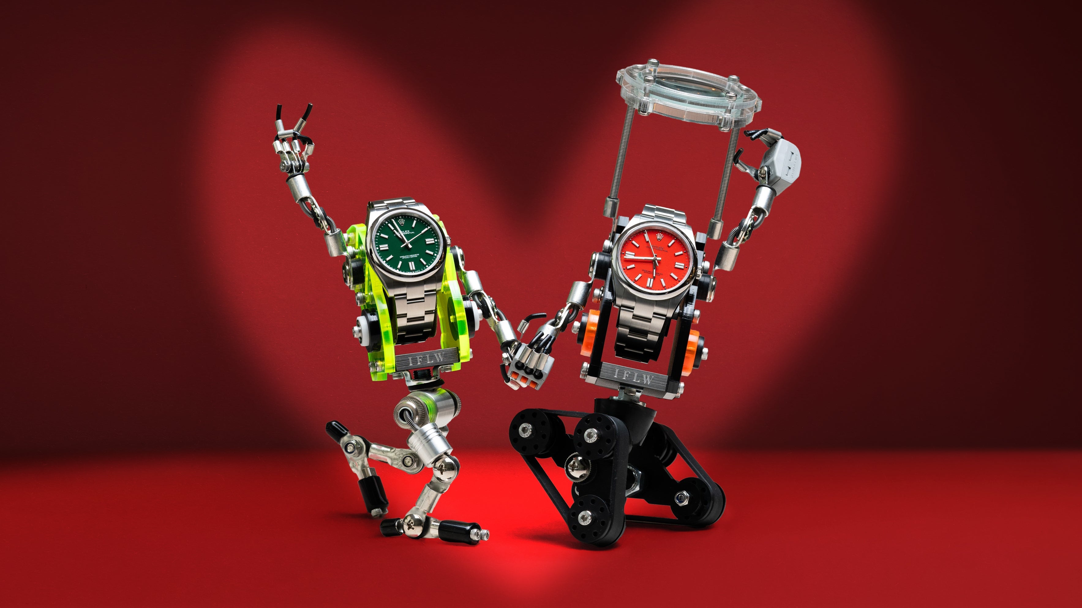 IFL Watches Valentine's Day Sale 2026 — Two Robotoy watch stands holding hands, perfect gifts for watch lovers