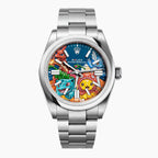 Dream Team Concept: Evolution — Hand-painted bespoke timepiece featuring four colorful pop art figures rendered in glittering mosaic-tile style on a blue 41mm custom automatic dial by IFL Watches