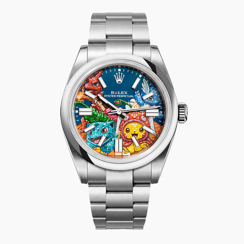 Dream Team Concept: Evolution — Hand-painted bespoke timepiece featuring four colorful pop art figures rendered in glittering mosaic-tile style on a blue 41mm custom automatic dial by IFL Watches