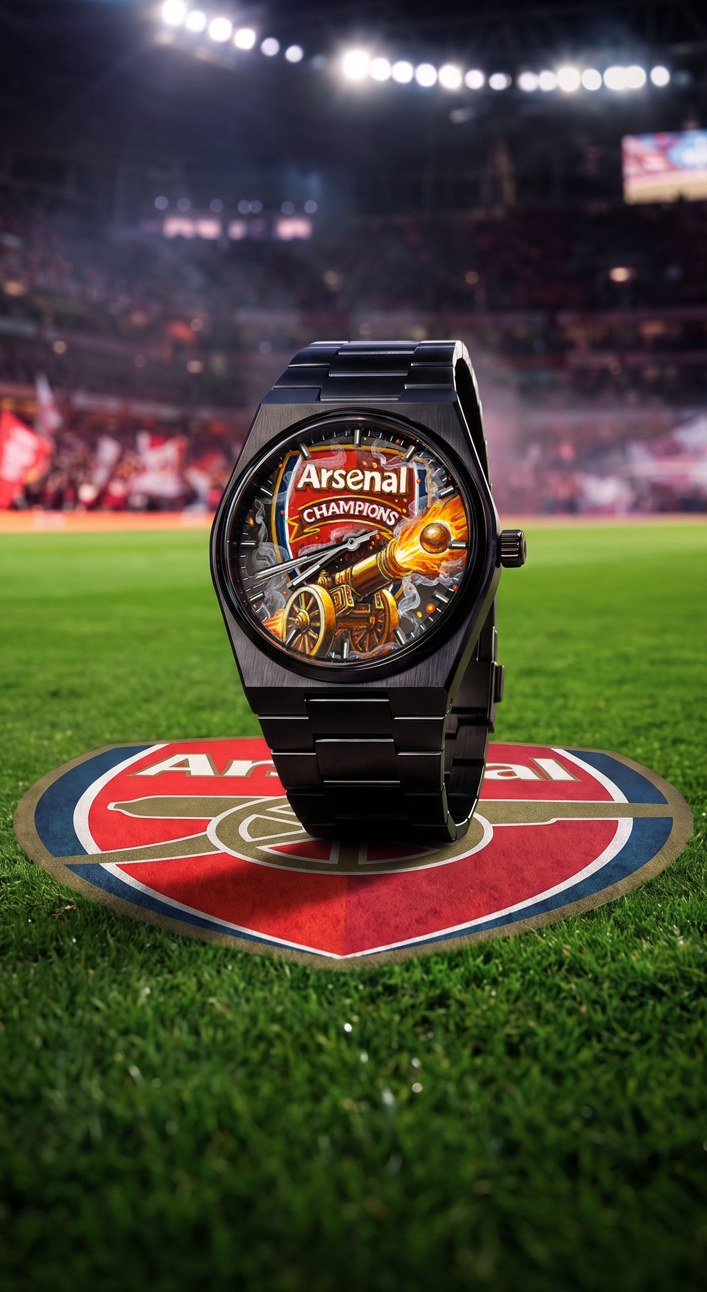 IFL Canvax Gunners — Hand-painted custom Canvax featuring a football crest with a cannon firing through smoke and flame in red and gold, on a 40mm black matte automatic, a bespoke timepiece by IFL Watches.