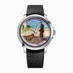 Venezianico Redentore Ulysses & Argus — Hand-painted custom dial showing a barefoot traveler in a russet tunic, head bowed toward his dog lying on the terrace flagstones, a carved balustrade and the sea beyond, set in a 40mm stainless steel case on a black leather strap, a bespoke timepiece by IFL Watches.