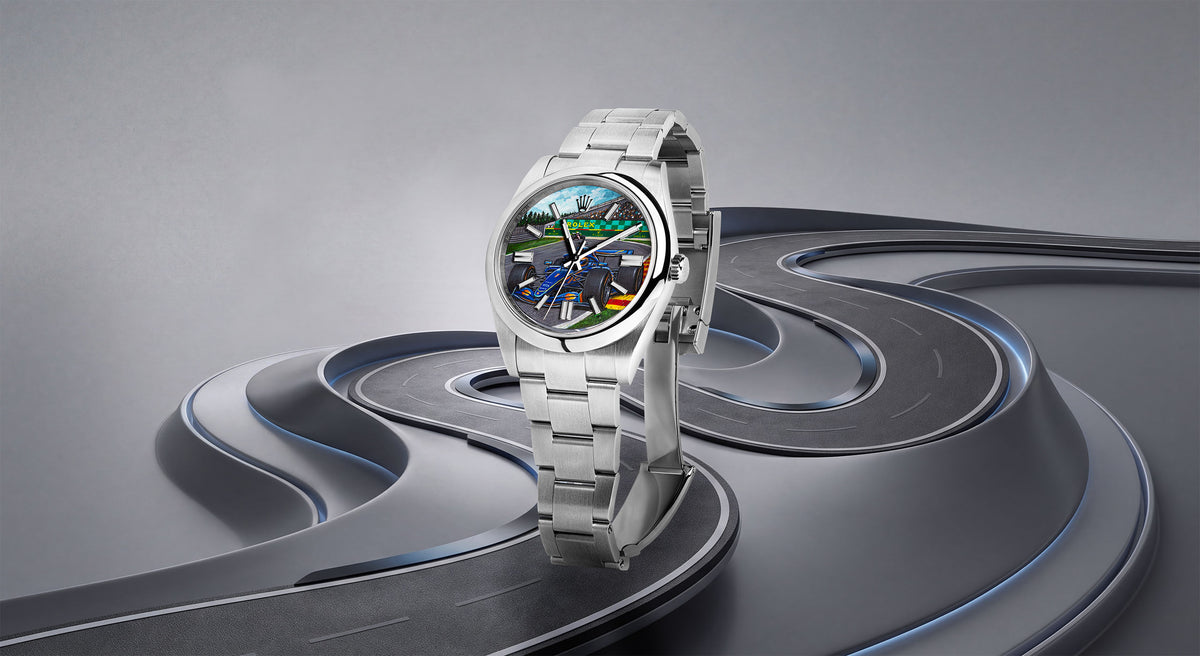 Apex Concept — Custom hand-painted racing dial on a 41mm stainless steel watch, set on a sculpted winding circuit that curves through the frame, by IFL Watches.