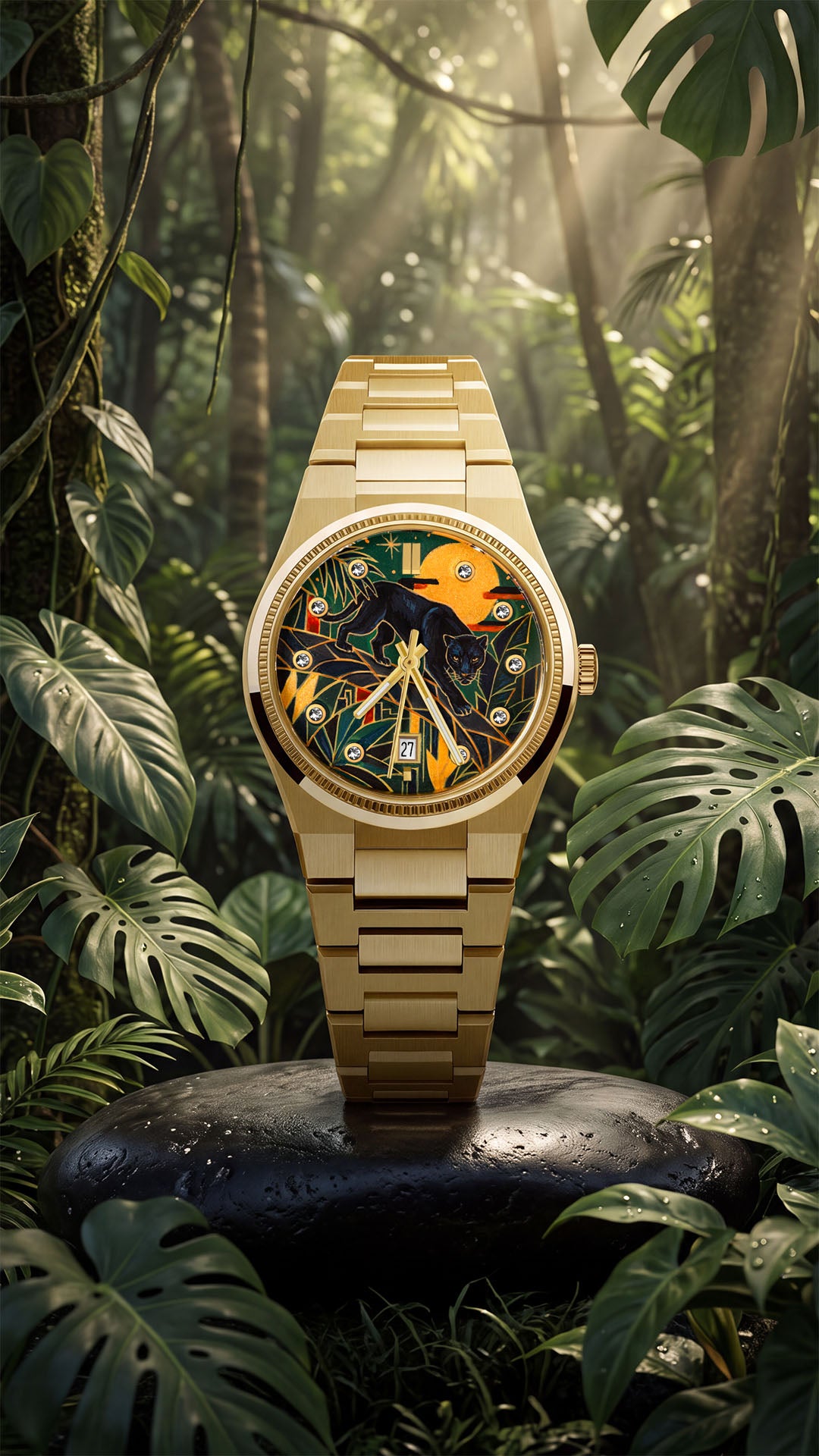 Festina Rive Monarch — Hand-painted custom panther dial in Art Deco emerald and gold on a gold-tone Swiss quartz watch by IFL Watches