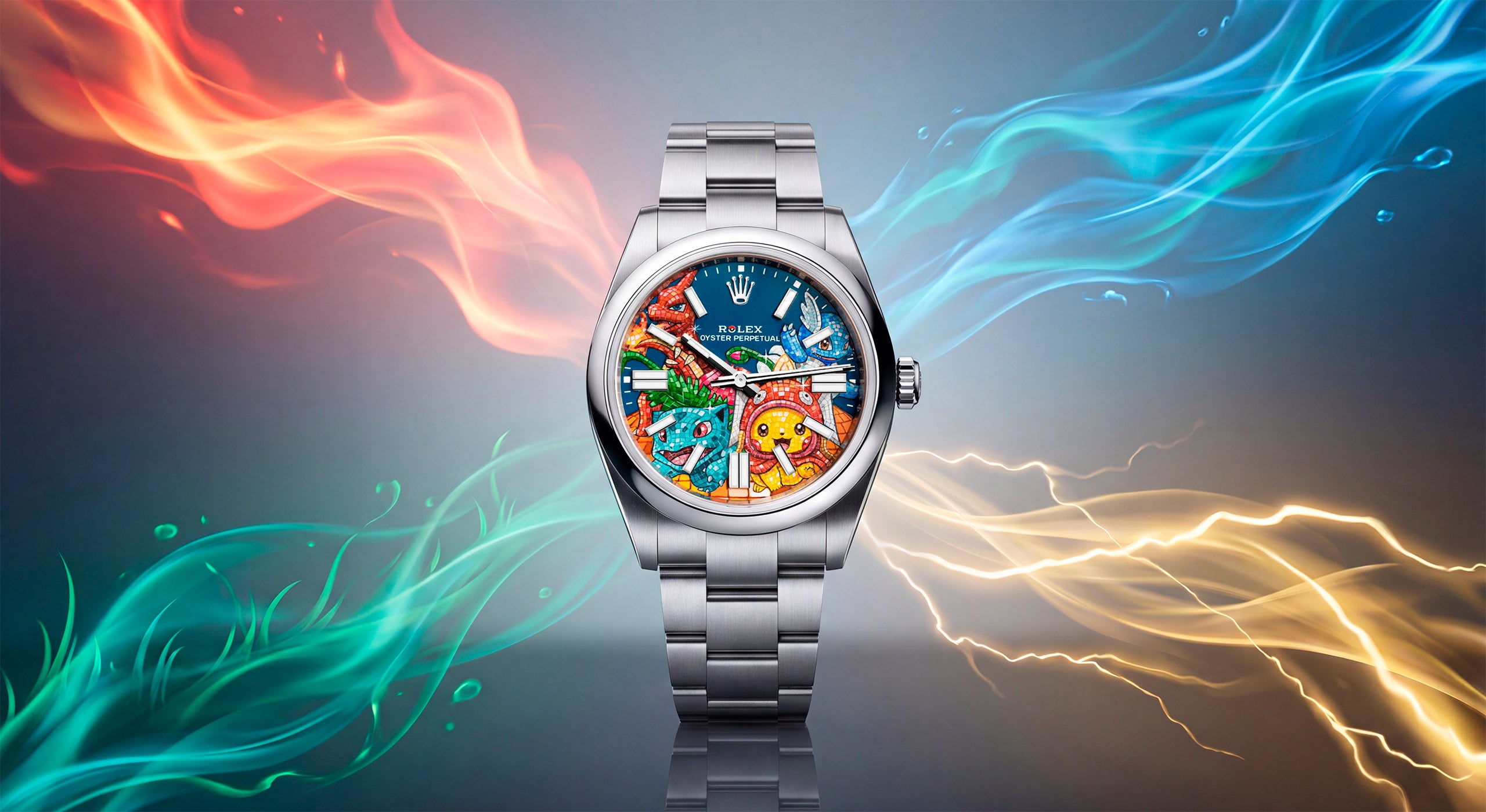 Dream Team Concept: Evolution — Hand-painted bespoke timepiece featuring four mosaic-tile pop art figures on a blue 41mm custom dial by IFL Watches