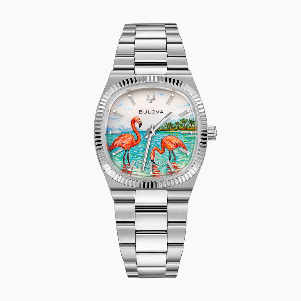 Bulova Super Seville Mini Havana — Hand-painted custom Super Seville Mini with two coral flamingos wading in turquoise water beneath a palm-lined shore and pale pearl sky, set in a 25mm stainless steel cushion case, a bespoke timepiece by IFL Watches.