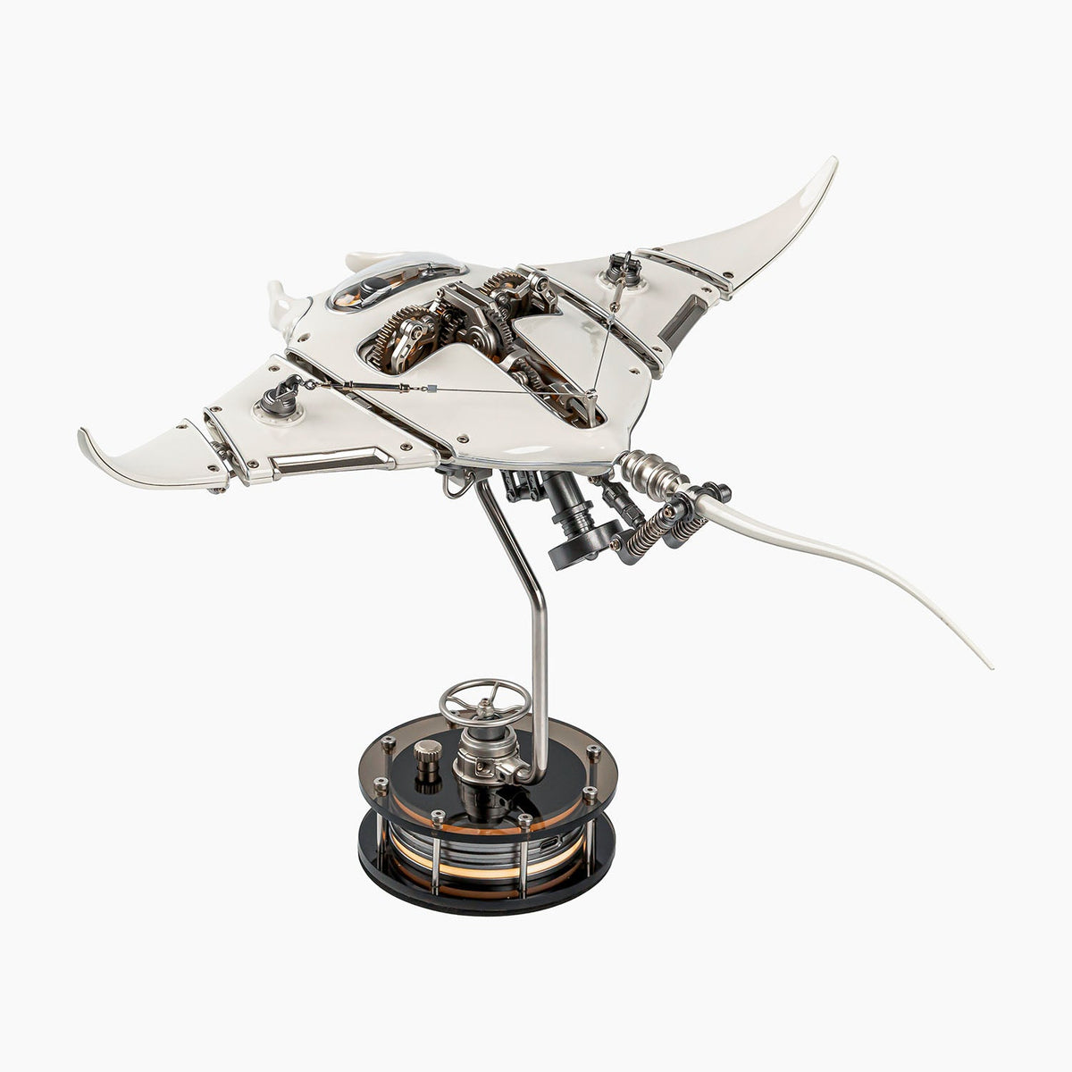 Mecha Ray White — three-quarter view showing the tail and the chromed linkage above the body, mechanical sculpture by IFL Watches.
