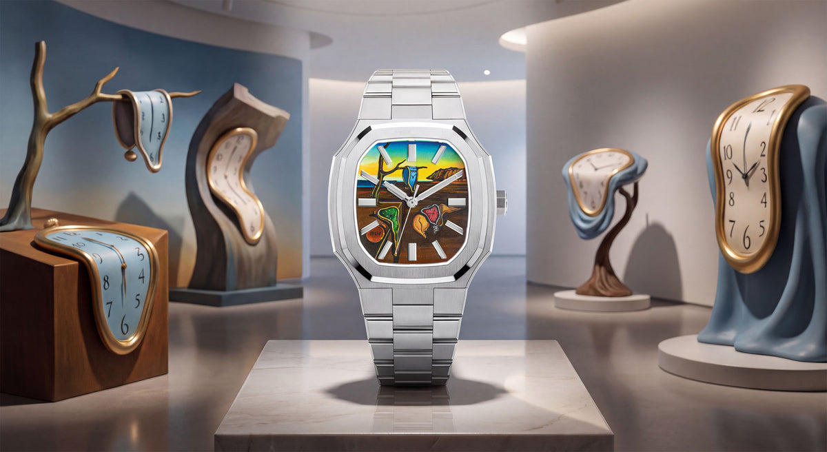 MAEN Manhattan Memento — Detail of the hand-painted custom dial, a green soft watch draped over a stone plinth beside a closed orange watch marked IFLW, between silver baton markers, a bespoke timepiece by IFL Watches.