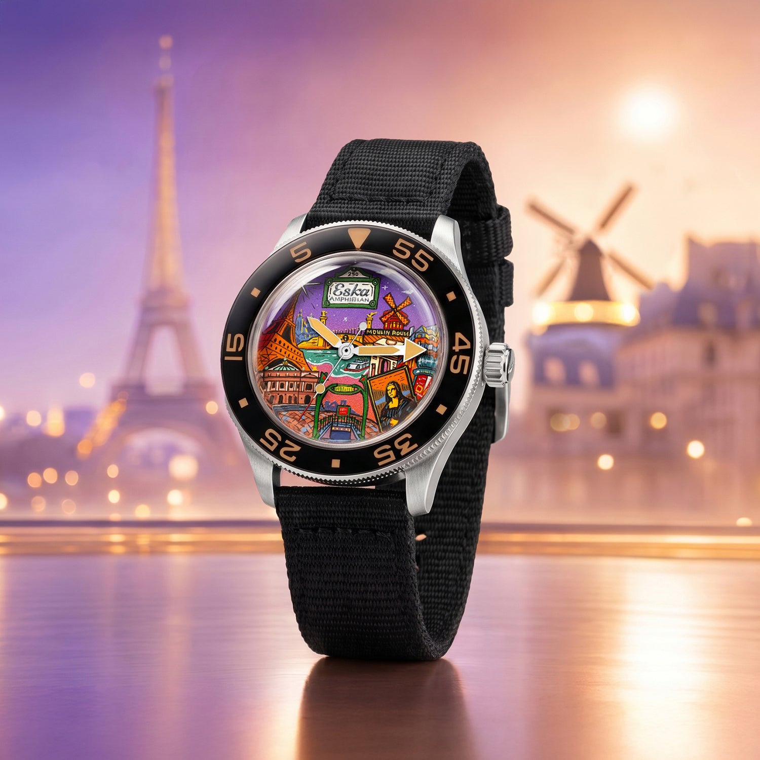 ESKA Amphibian Cœur de Paris — The hand-painted diver styled against an evening Eiffel Tower backdrop on a black NATO strap, limited edition by IFL Watches.