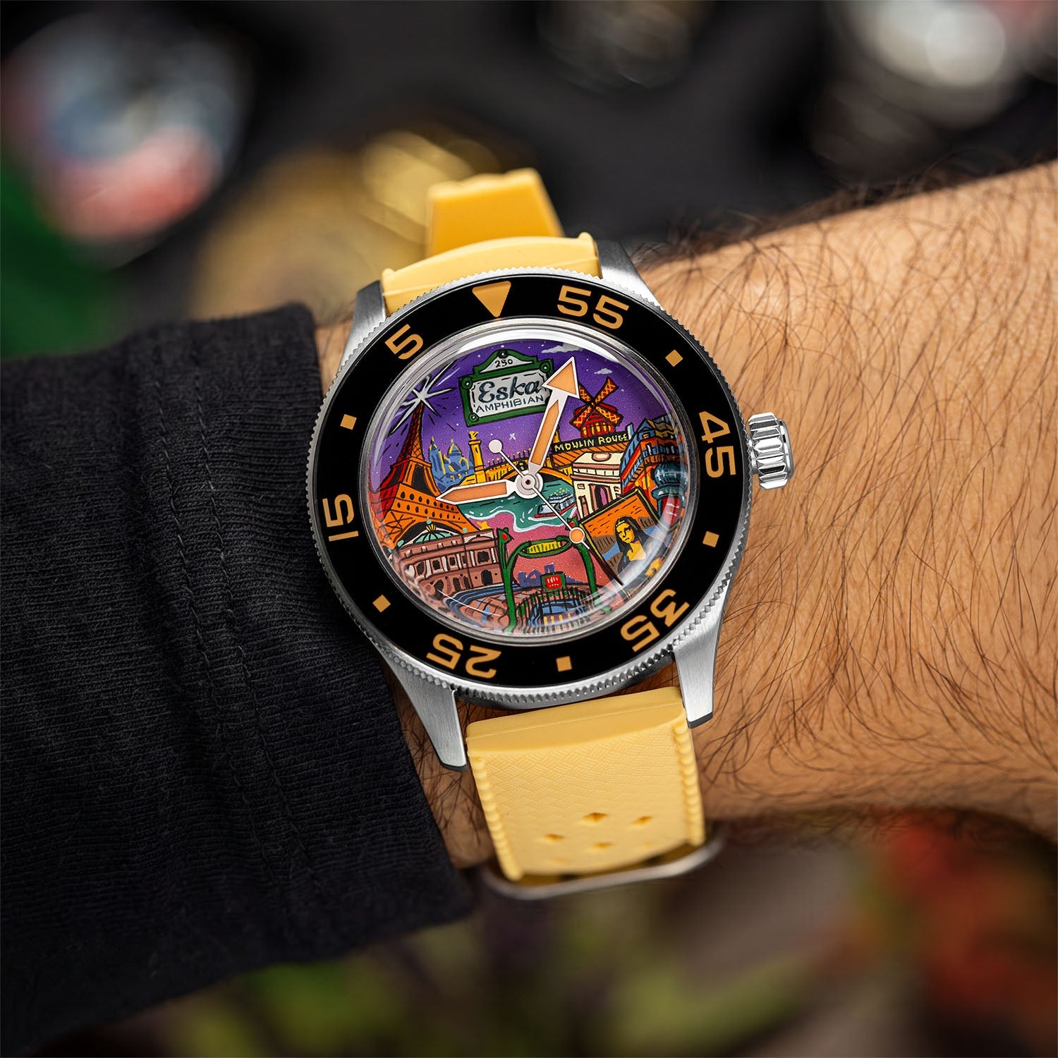 ESKA Amphibian Cœur de Paris — Worn on a sand-colored Tropic rubber strap, the hand-painted cityscape on the dial, customized limited edition by IFL Watches.