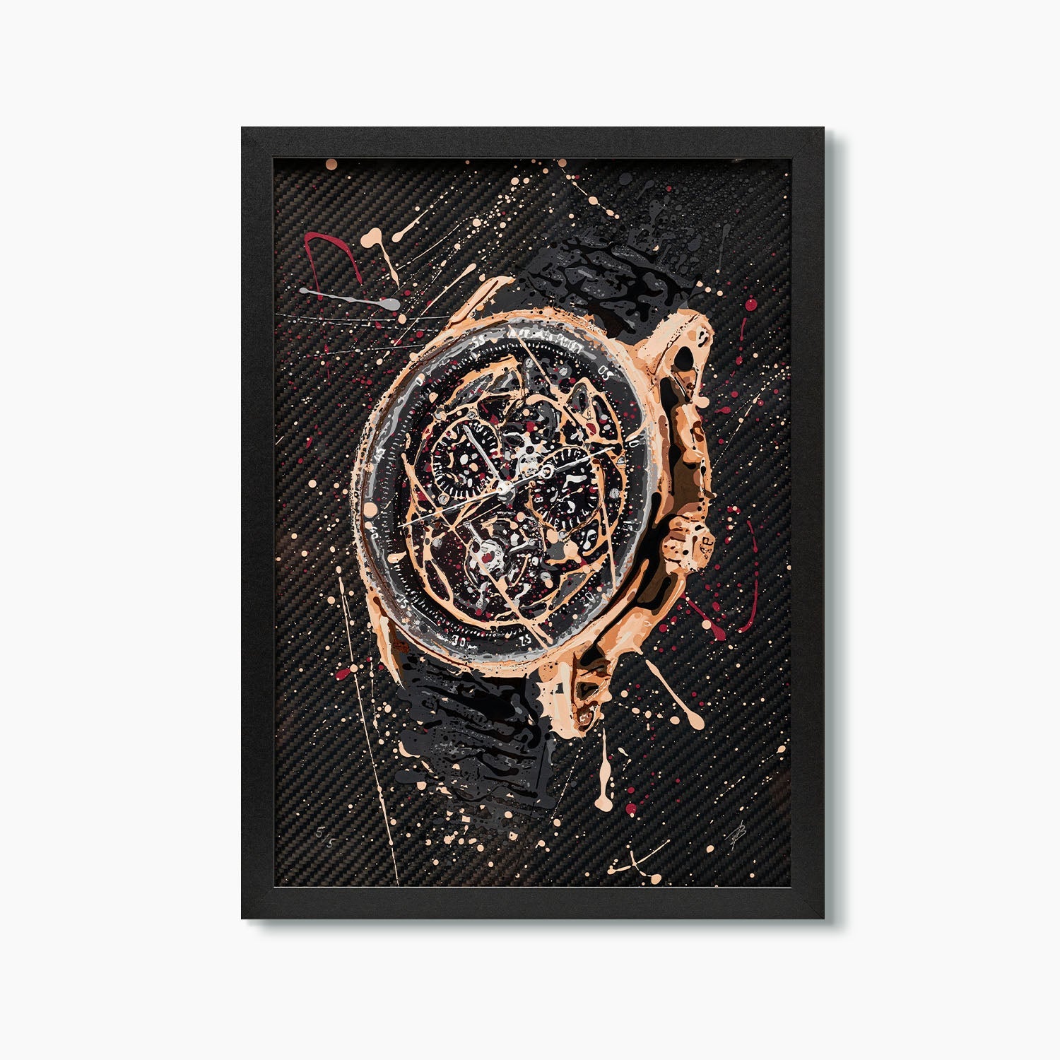 AP Code 1159 – A hand-painted carbon fibre wall art by artist Katy Barnfield.