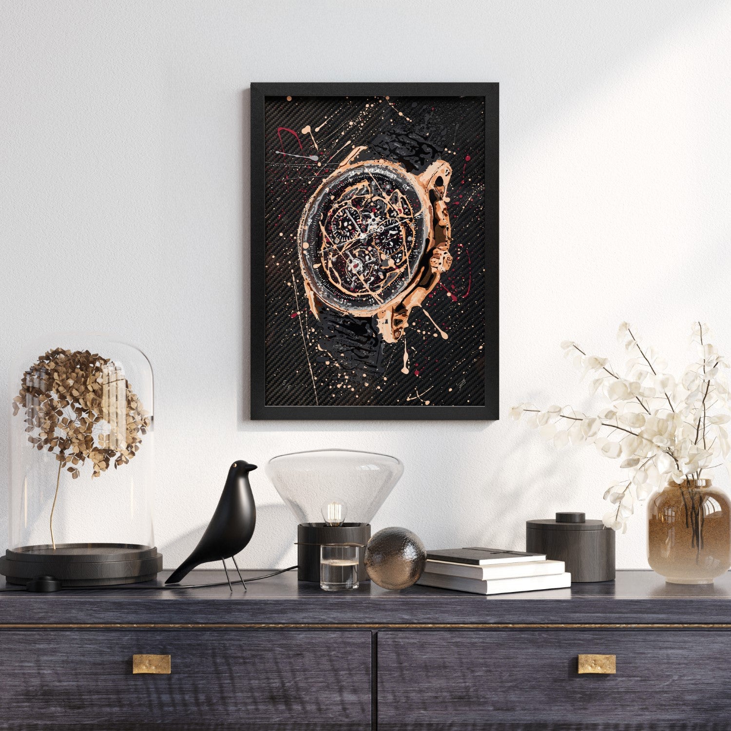 AP Code 1159 – A hand-painted carbon fibre wall art by artist Katy Barnfield.