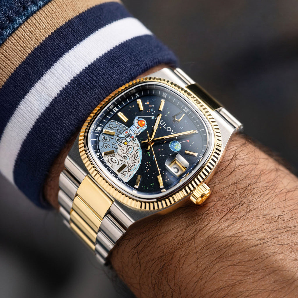 Bulova Super Seville Space Golfer — Hand-painted custom Bulova Super Seville Precisionist featuring an astronaut mid-swing on the lunar surface with vivid paint splatters against a deep blue starfield, a bespoke timepiece by IFL Watches
