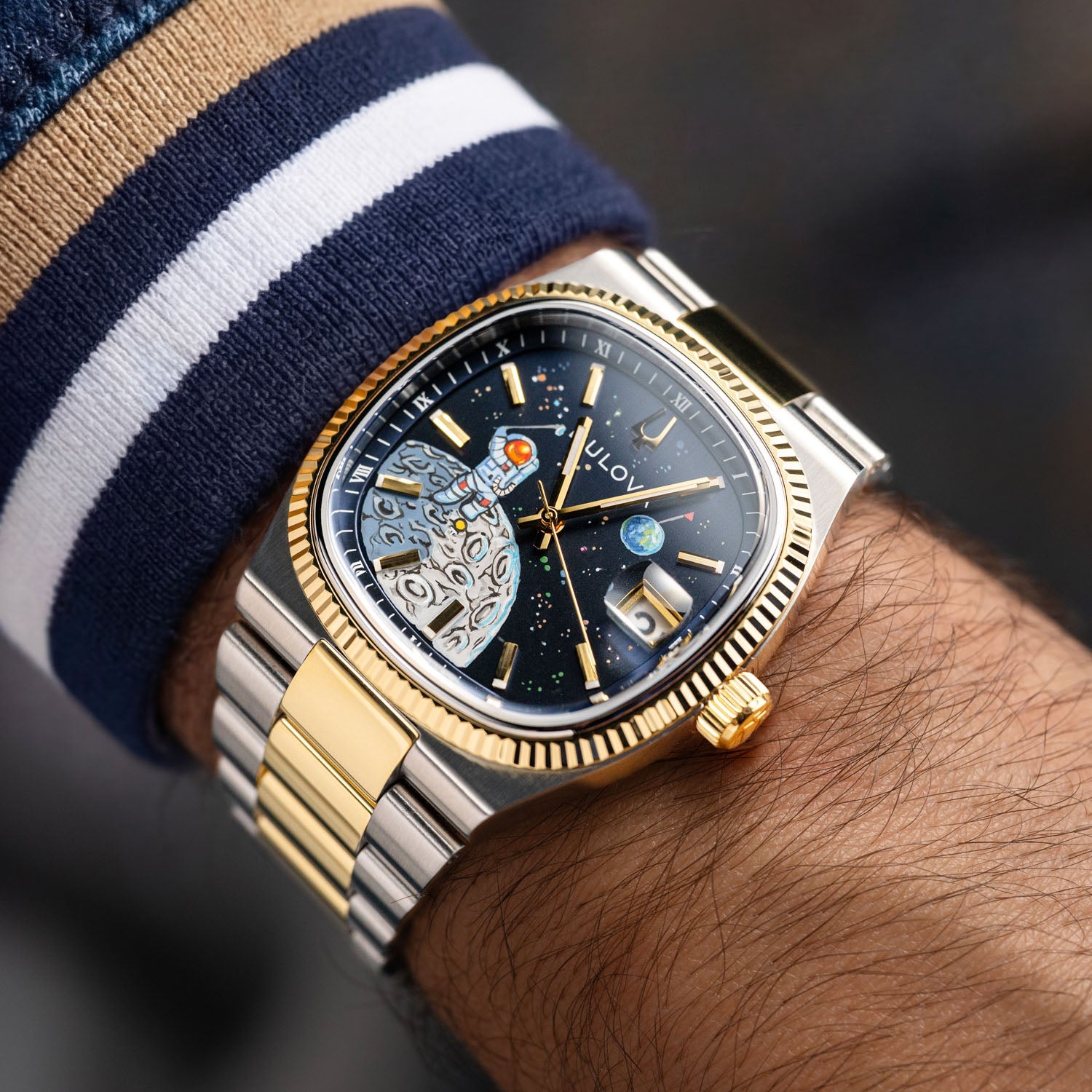 Bulova Super Seville Space Golfer — Hand-painted custom Bulova Super Seville Precisionist featuring an astronaut mid-swing on the lunar surface with vivid paint splatters against a deep blue starfield, a bespoke timepiece by IFL Watches