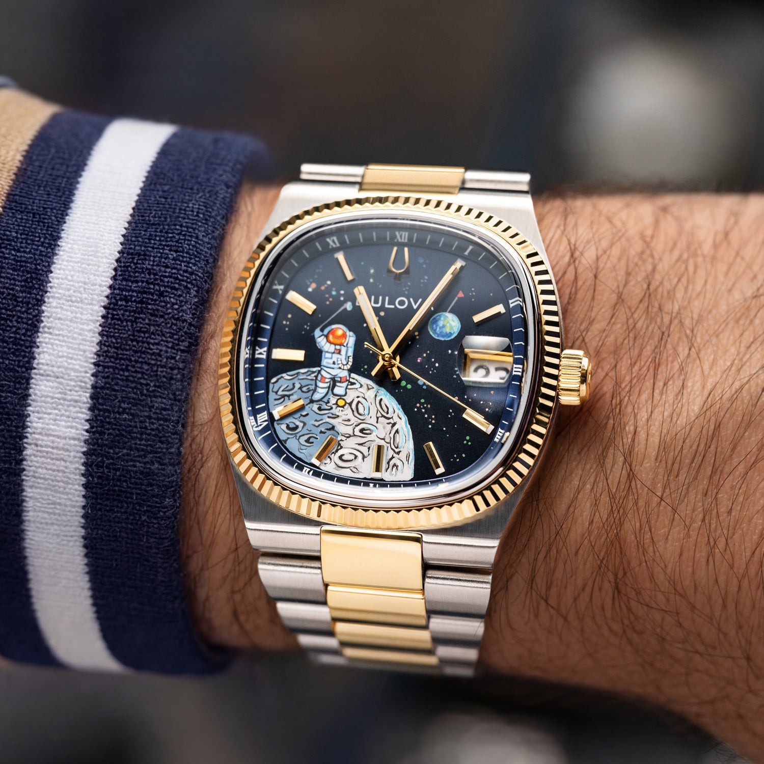Bulova Super Seville Space Golfer — Hand-painted custom Bulova Super Seville Precisionist featuring an astronaut mid-swing on the lunar surface with vivid paint splatters against a deep blue starfield, a bespoke timepiece by IFL Watches