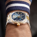 Bulova Super Seville Space Golfer — Hand-painted custom Bulova Super Seville Precisionist featuring an astronaut mid-swing on the lunar surface with vivid paint splatters against a deep blue starfield, a bespoke timepiece by IFL Watches