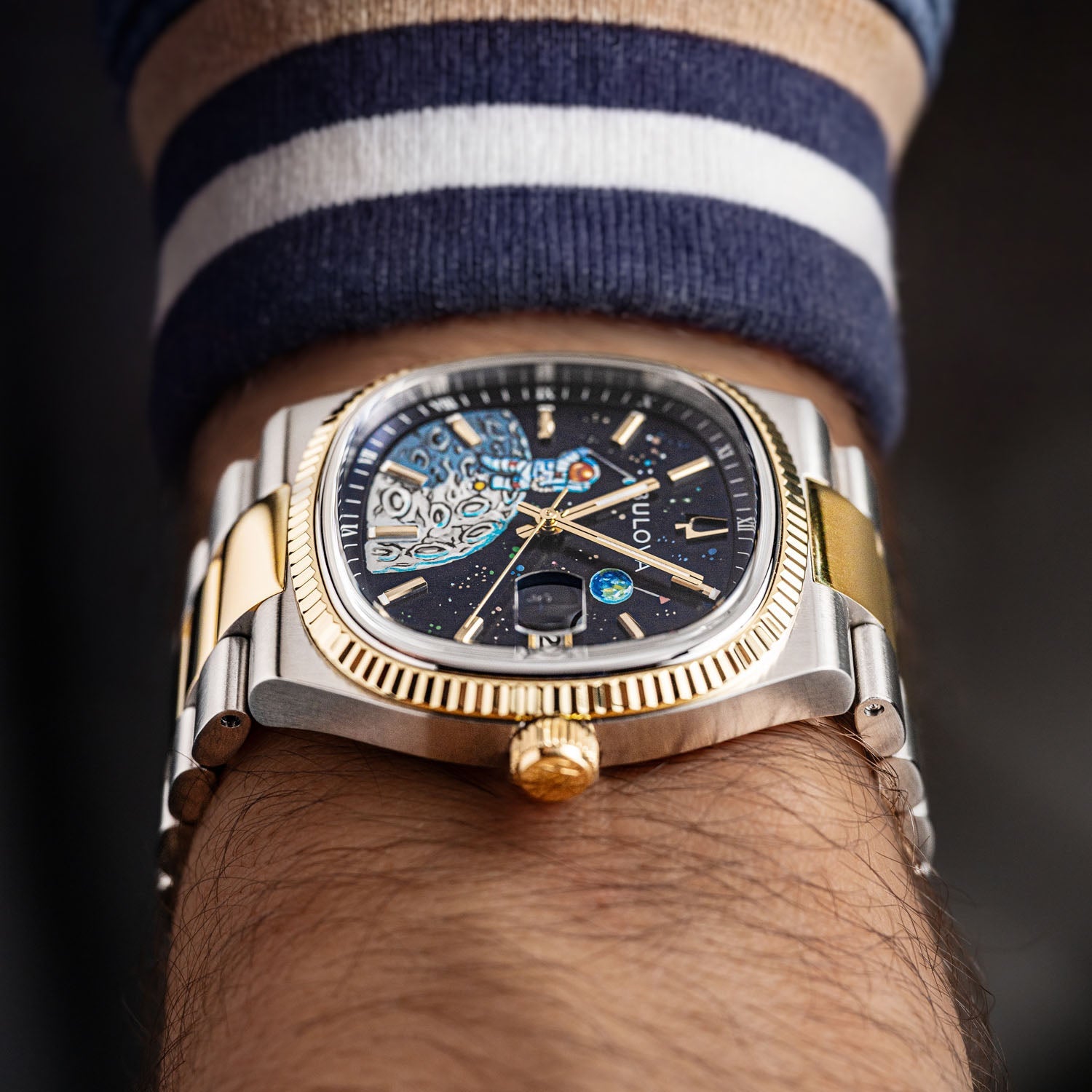 Bulova Super Seville Space Golfer — Hand-painted custom Bulova Super Seville Precisionist featuring an astronaut mid-swing on the lunar surface with vivid paint splatters against a deep blue starfield, a bespoke timepiece by IFL Watches