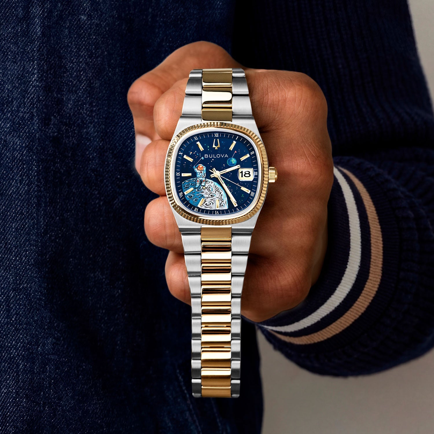 Bulova Super Seville Space Golfer — Hand-painted custom Bulova Super Seville Precisionist featuring an astronaut mid-swing on the lunar surface with vivid paint splatters against a deep blue starfield, a bespoke timepiece by IFL Watches