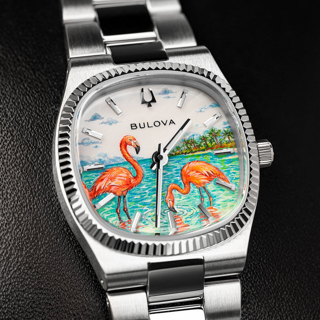 Bulova Super Seville Mini Havana — Close detail of coral feathers, rippling turquoise water and distant palms beneath the Bulova wordmark, hand-painted on a bespoke timepiece by IFL Watches.