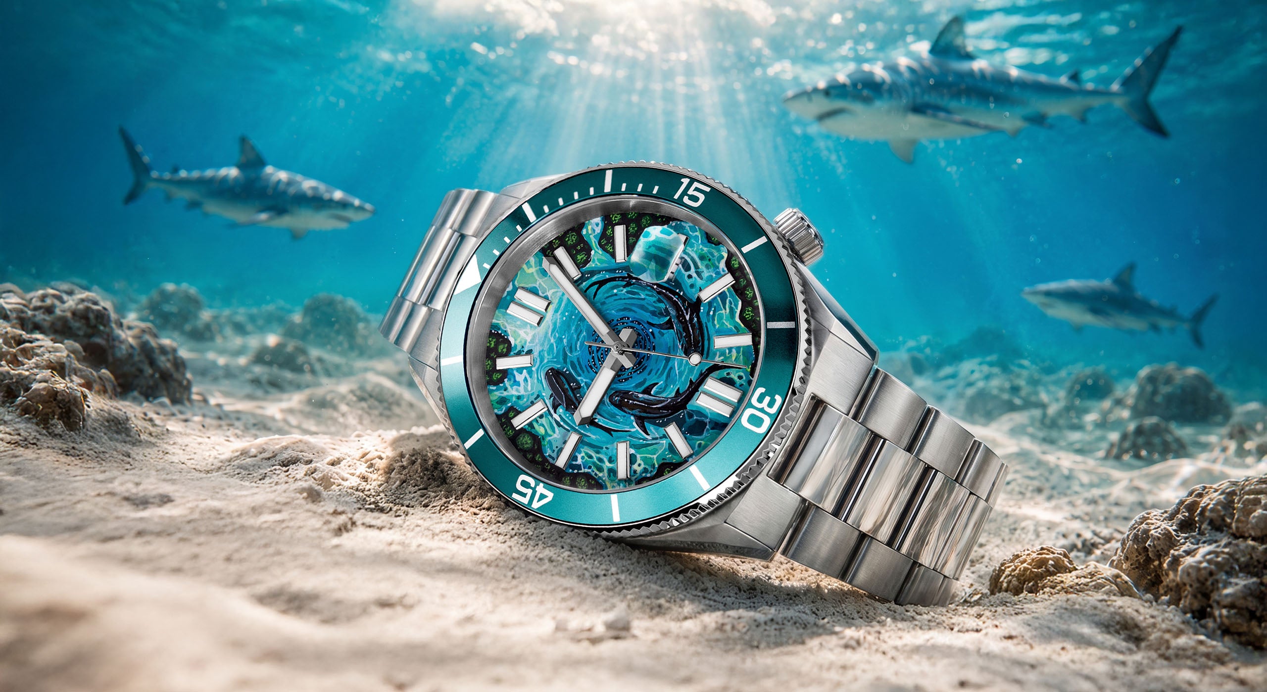 Citizen Tsuyosa Shore Mako — detail view of the hand-painted dial showing three sharks circling a school of fish in deep blue water, limited edition timepiece by IFL Watches.