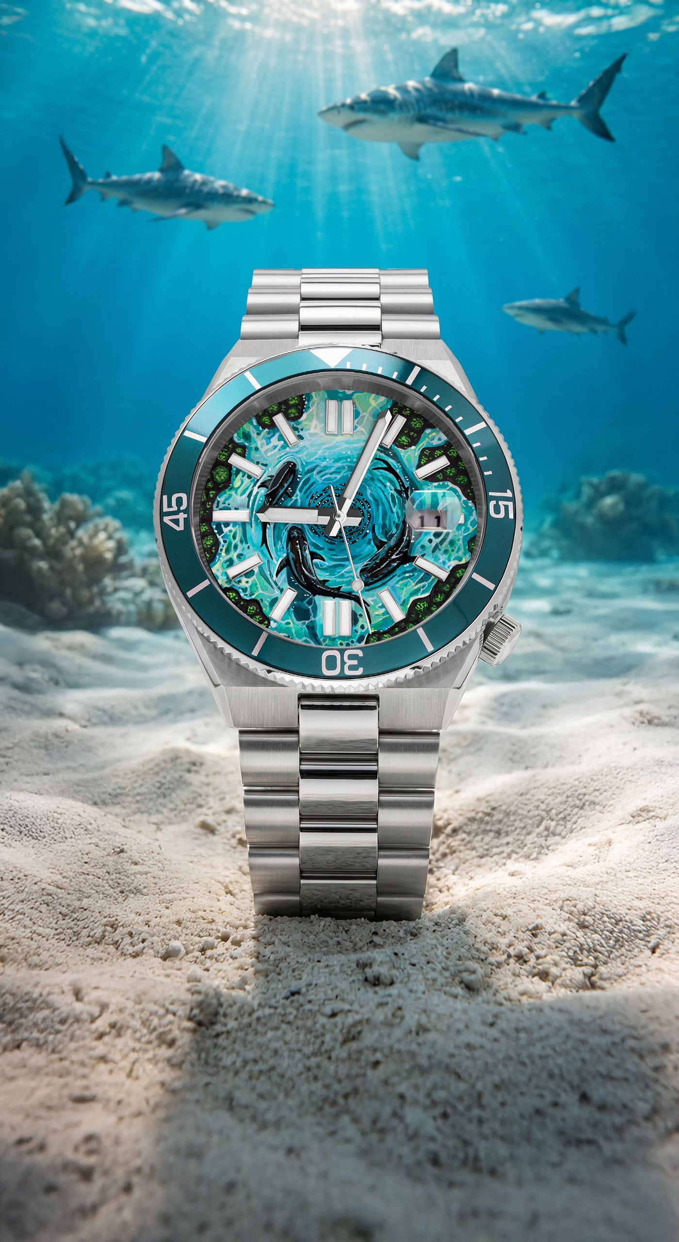 Citizen Tsuyosa Shore Mako — detail view of the hand-painted dial showing three sharks circling a school of fish in deep blue water, limited edition timepiece by IFL Watches.