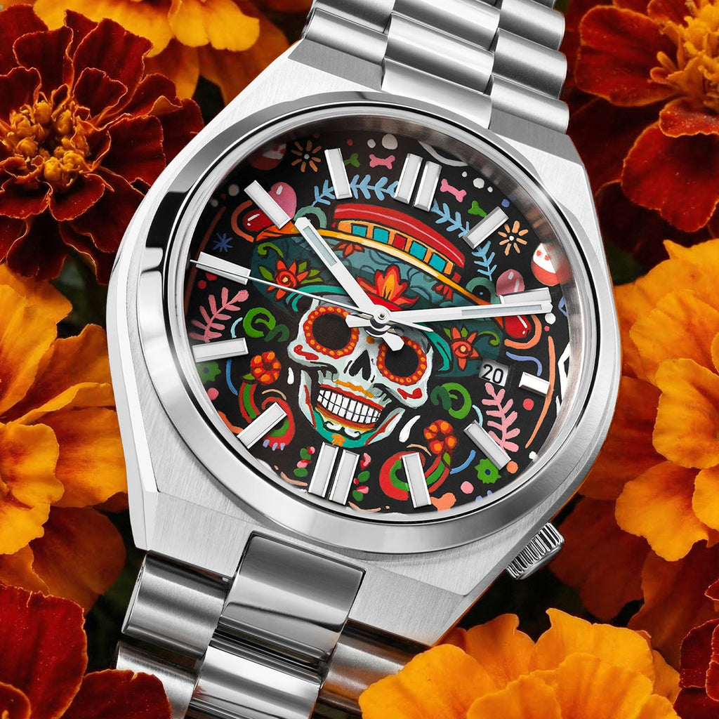Citizen Tsuyosa Calavera Nocturna – Hand-painted custom Día de los Muertos sugar skull dial on 40mm stainless steel case, limited edition by IFL Watches