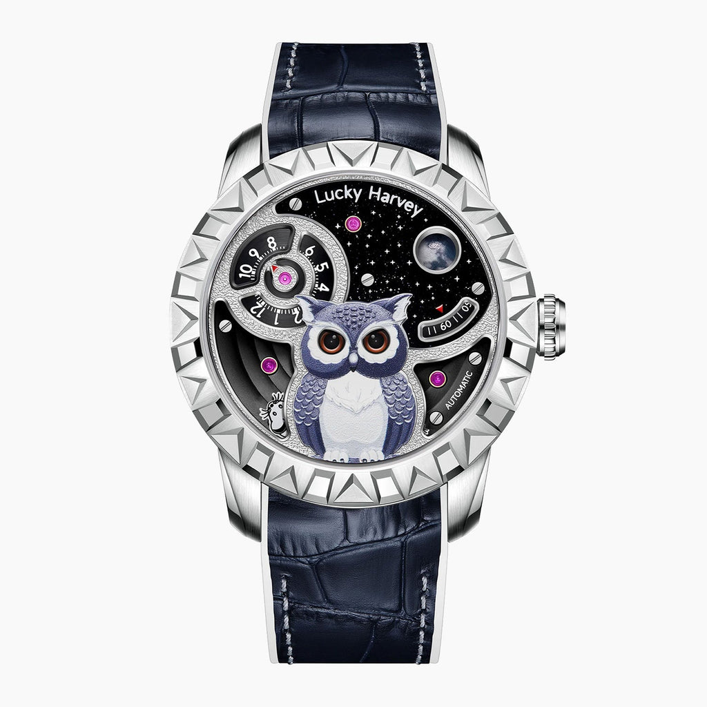 Lucky Harvey Owl Silver — Front view of the sculpted owl on a starry night-sky dial with moon, 43mm steel case with spiked bezel on navy leather strap, available at IFL Watches.