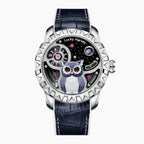Lucky Harvey Owl Silver — Front view of the sculpted owl on a starry night-sky dial with moon, 43mm steel case with spiked bezel on navy leather strap, available at IFL Watches.