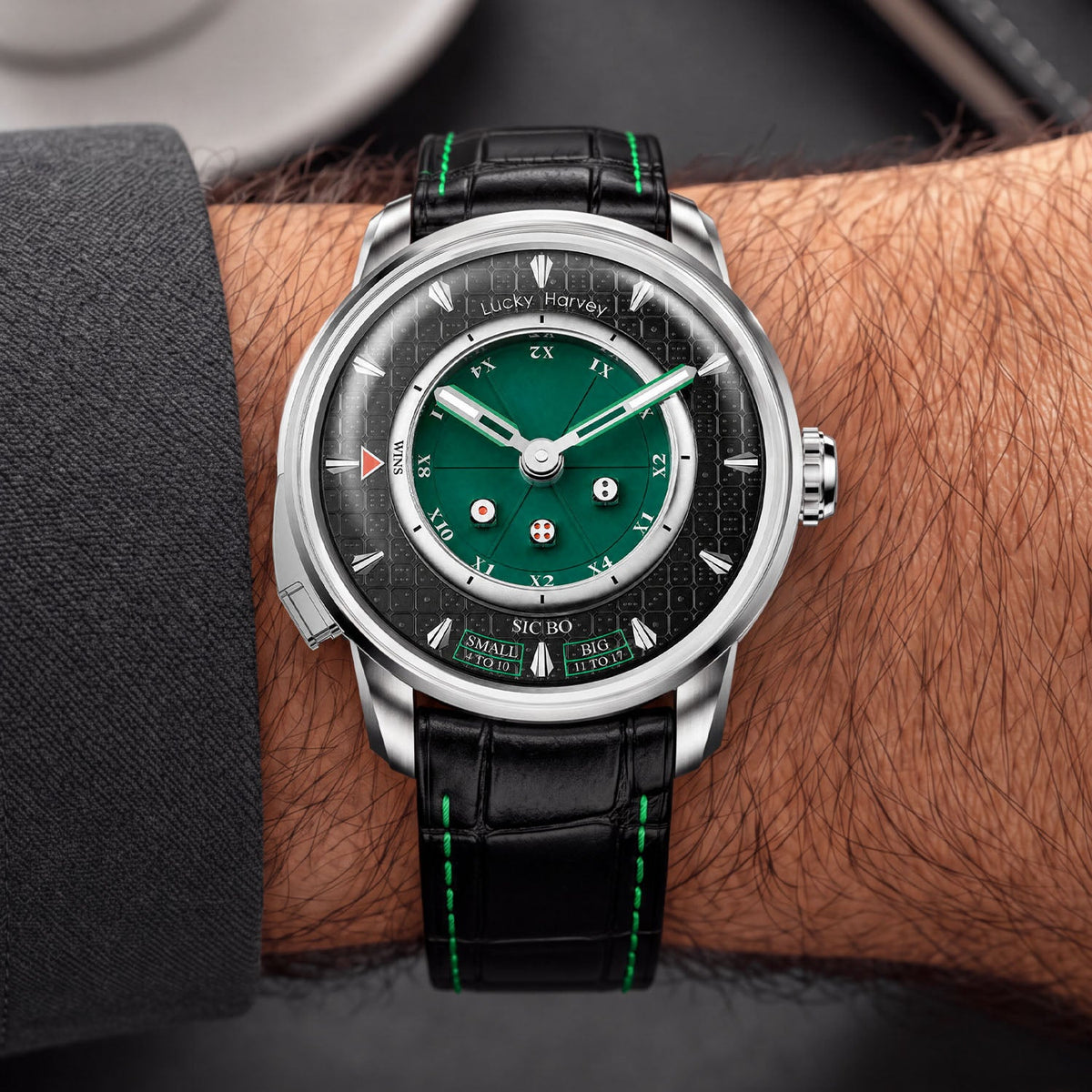 Lucky Harvey Sic Bo Green — Worn on wrist, front view of the green dial, available at IFL Watches.