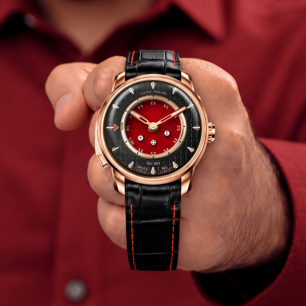 Lucky Harvey Sic Bo Red — Held in hand, showing the dice dial, available at IFL Watches.