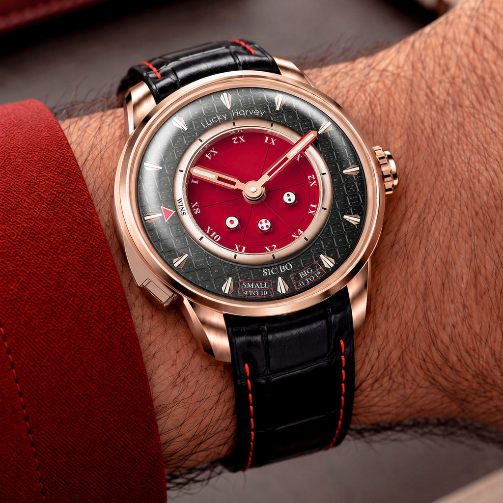 Lucky Harvey Sic Bo Red — Worn on wrist at an angle, showing the dice button, available at IFL Watches.