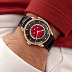 Lucky Harvey Sic Bo Red — Worn on wrist with a shirt sleeve, available at IFL Watches.