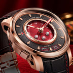 Lucky Harvey Sic Bo Red — Close angled view of the dice cup, embossed dial and dice button on the left flank, available at IFL Watches.