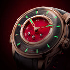 Lucky Harvey Sic Bo Red — In the dark, showing the luminous hands and hour markers, available at IFL Watches.