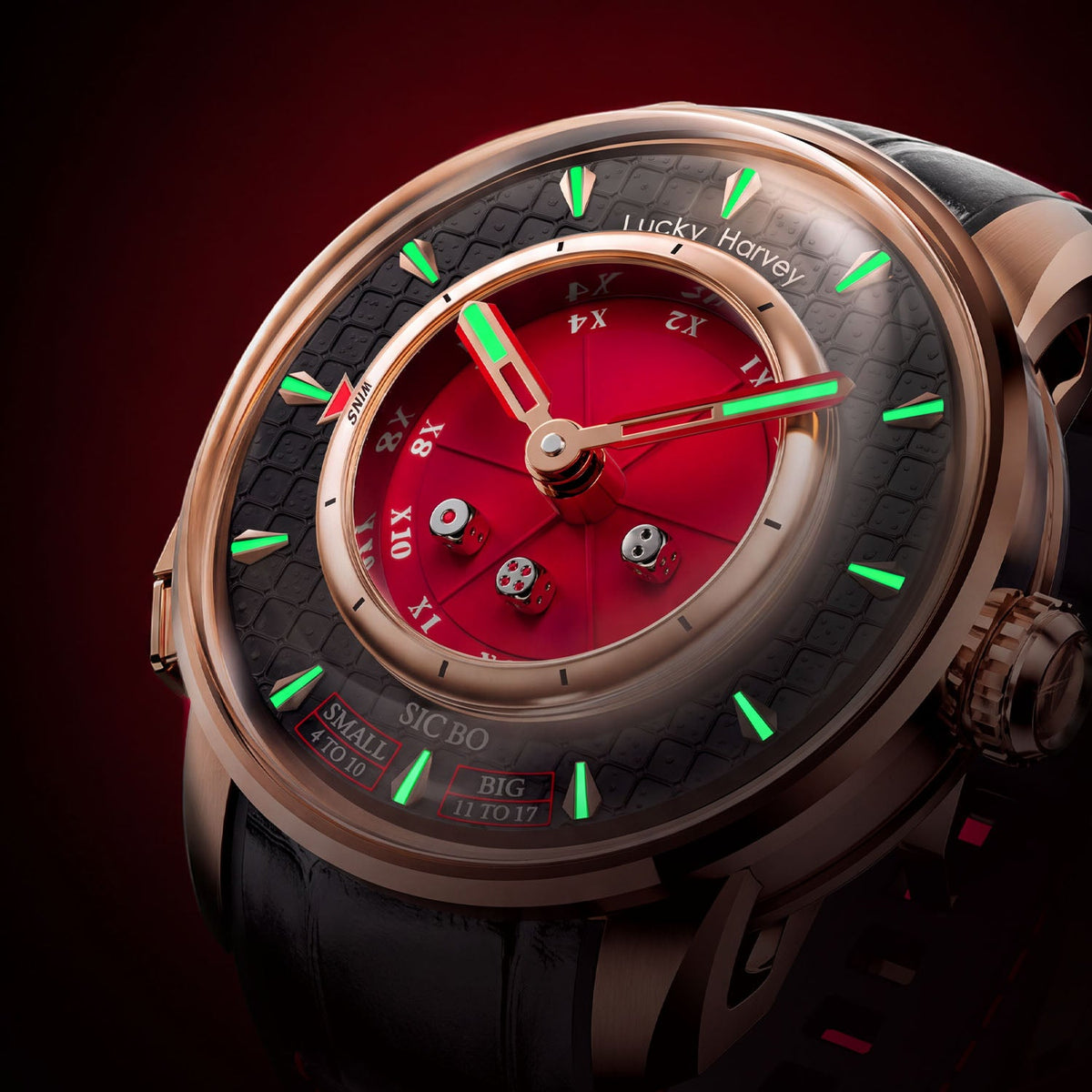 Lucky Harvey Sic Bo Red — In the dark, showing the luminous hands and hour markers, available at IFL Watches.