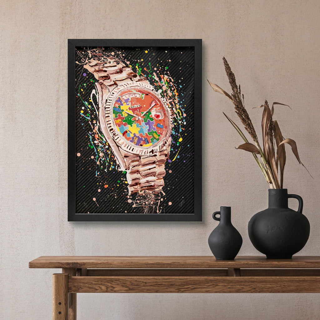 Rolex Day-Date President Puzzle – A hand-painted carbon fibre wall art by artist Katy Barnfield.