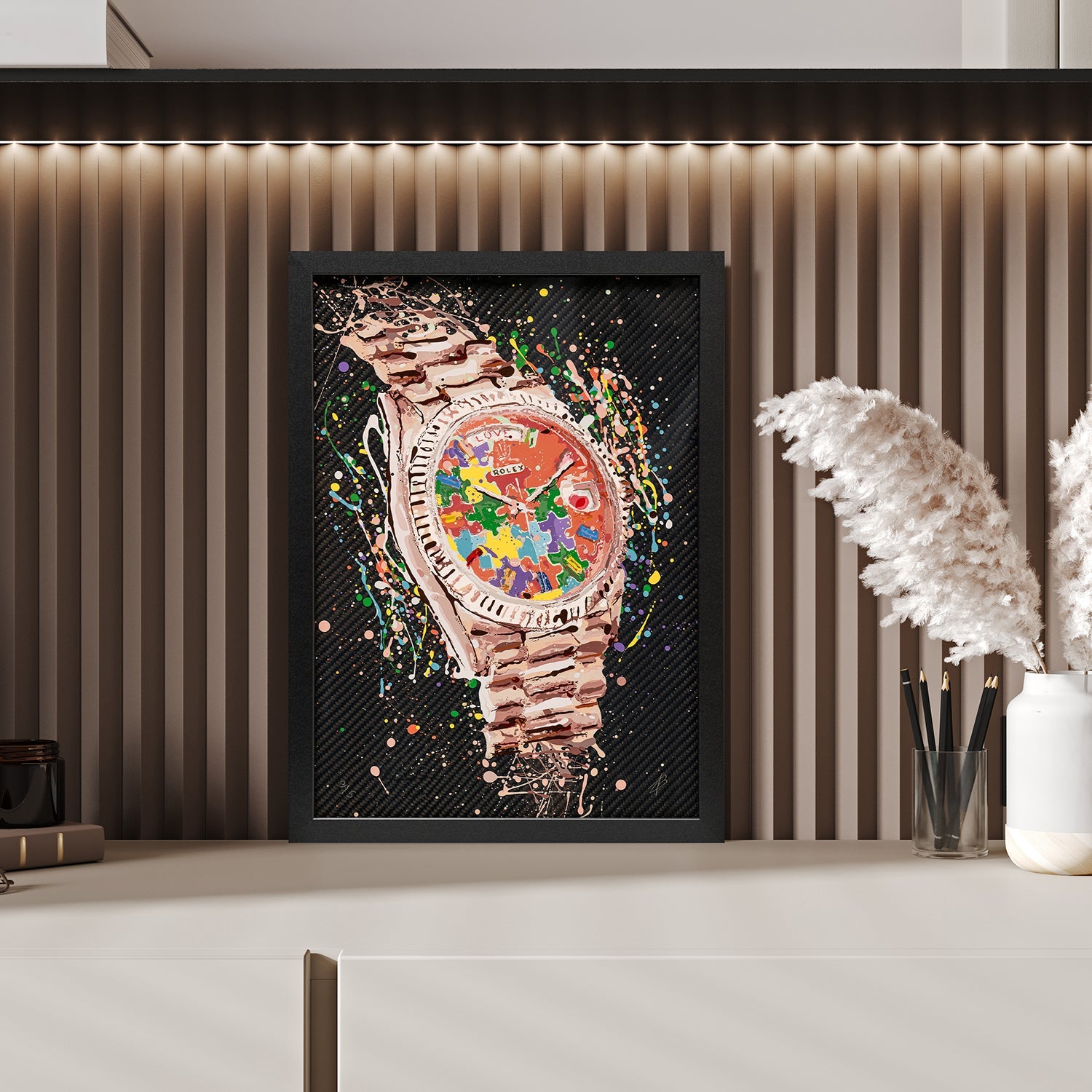 Rolex Day-Date President Puzzle – A hand-painted carbon fibre wall art by artist Katy Barnfield.