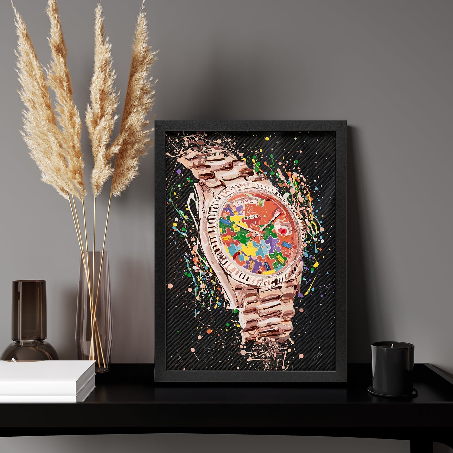 Rolex Day-Date President Puzzle – A hand-painted carbon fibre wall art by artist Katy Barnfield.