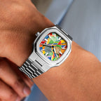MAEN Manhattan Paradox on wrist — geometric color-block dial paired with the integrated steel bracelet, 37mm automatic with Sellita SW200-1, limited edition timepiece by IFL Watches.