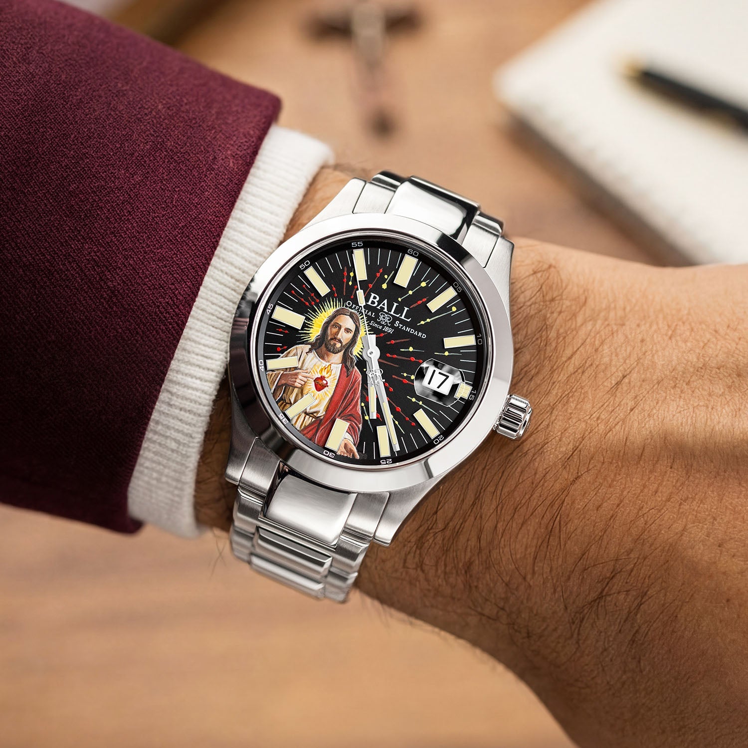 Ball Engineer M Ascension — Detail of hand-painted Sacred Heart dial paired with 904L stainless steel case and bracelet, limited edition by IFL Watches.