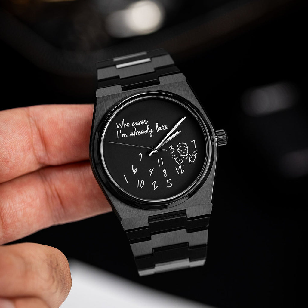 Canvax Who Cares Concept – Custom IFL Watches Canvax with scattered numerals and playful "Who cares, I'm already late" message artwork by IFL Watches