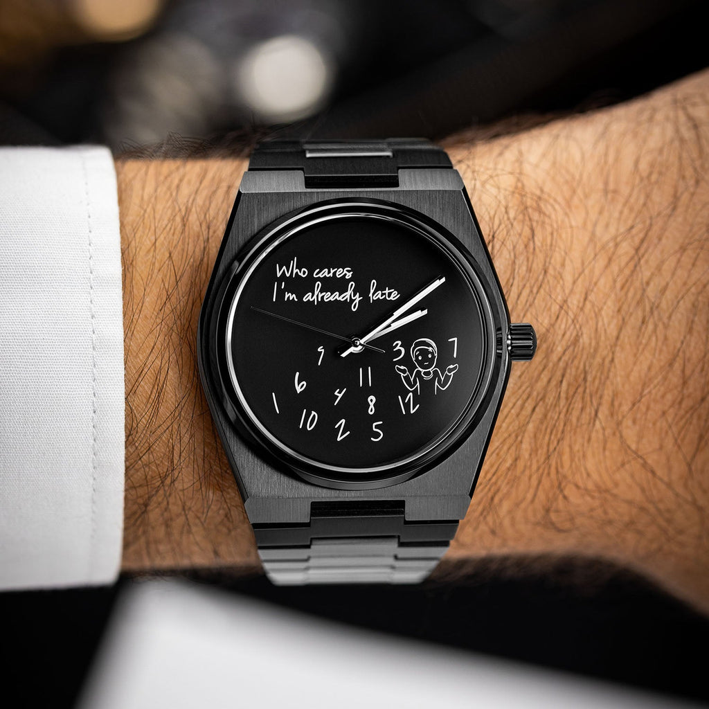 Canvax Who Cares Concept – Custom IFL Watches Canvax with scattered numerals and playful "Who cares, I'm already late" message artwork by IFL Watches