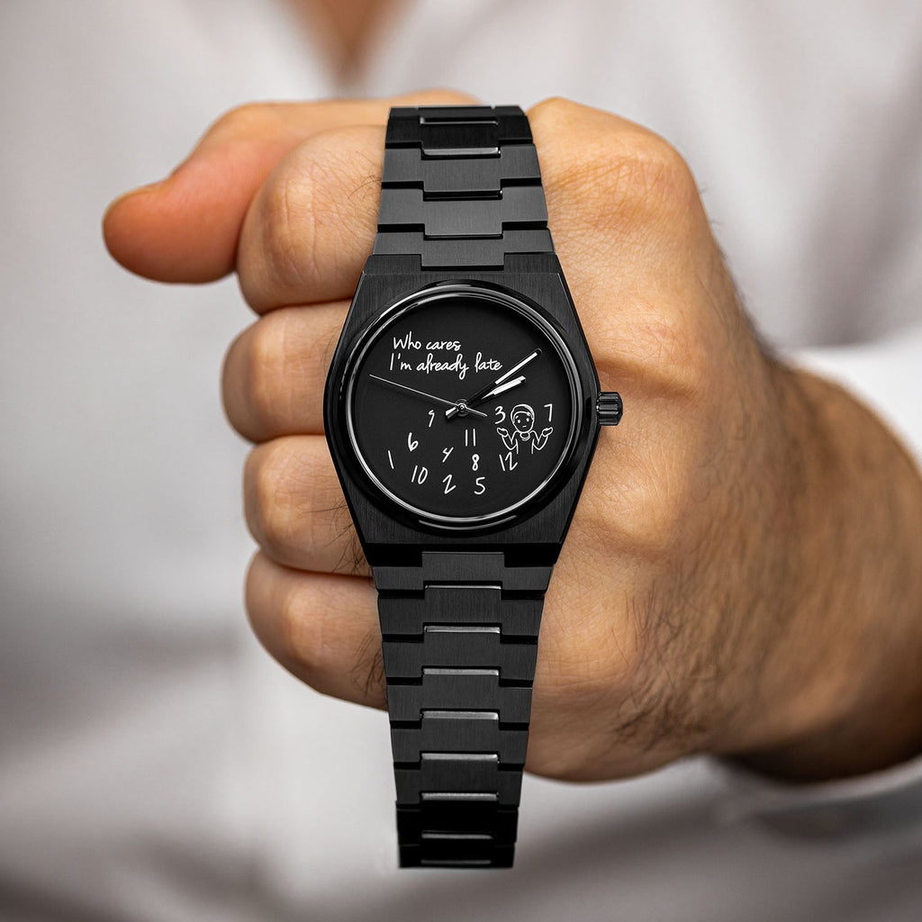 Canvax Who Cares Concept – Custom IFL Watches Canvax with scattered numerals and playful "Who cares, I'm already late" message artwork by IFL Watches