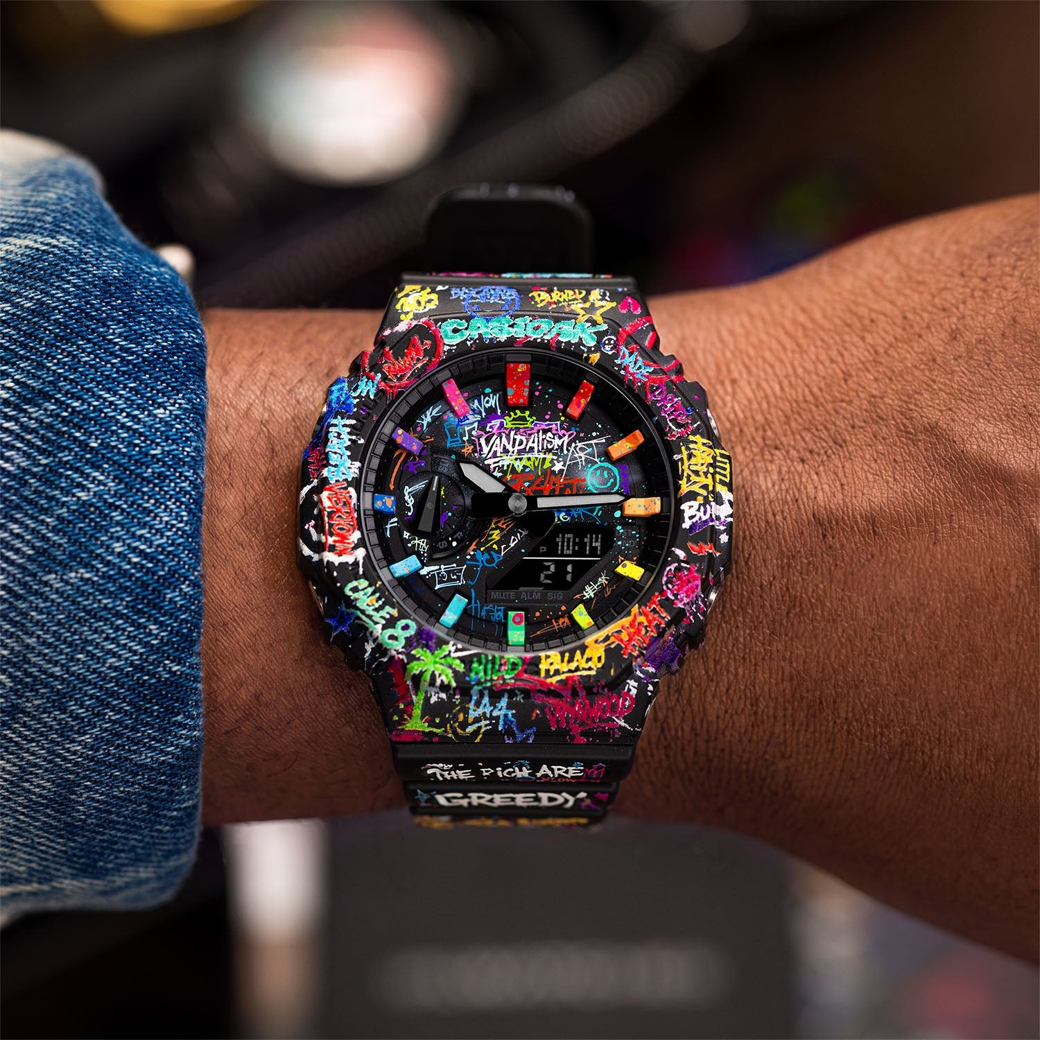 Casio G-Shock Vandalism — Hand-painted graffiti dial seen on the wrist, a limited edition timepiece by IFL Watches