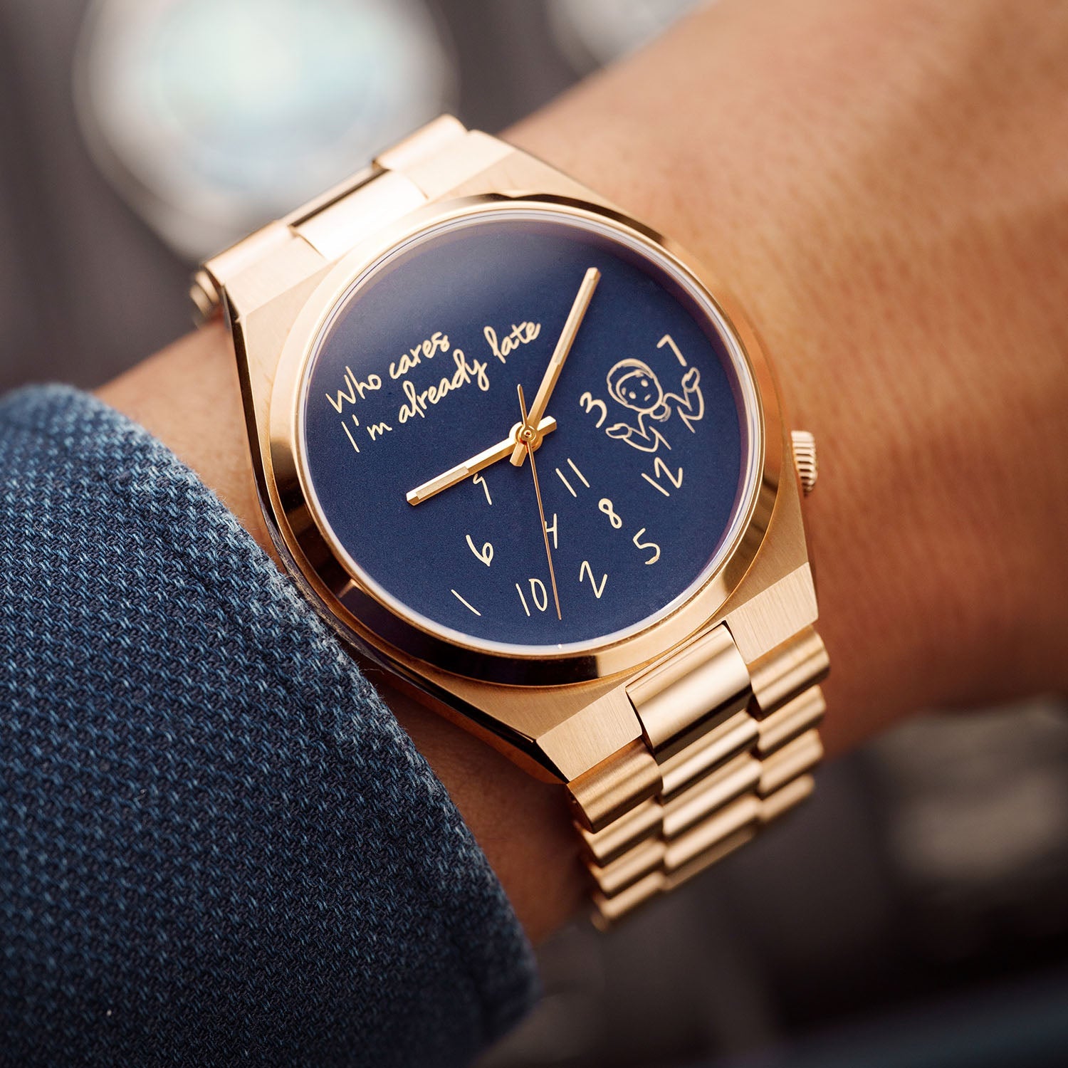 Tsuyosa Rose Gold Who Cares Concept – custom Citizen Tsuyosa with a rose gold-coated case and bracelet, featuring scattered numeral and playful message on the dial by IFL Watches.