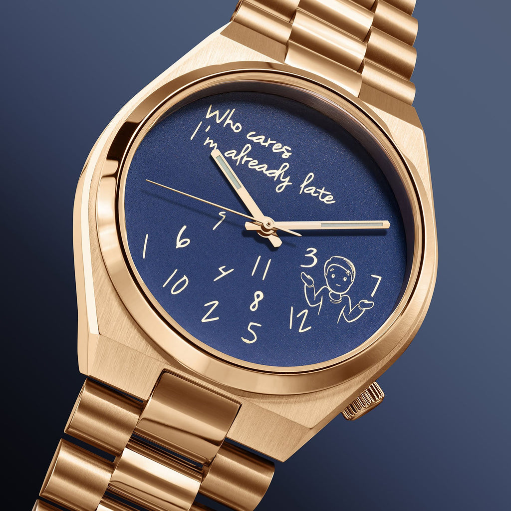 Tsuyosa Rose Gold Who Cares Concept – custom Citizen Tsuyosa with a rose gold-coated case and bracelet, featuring scattered numeral and playful message on the dial by IFL Watches.