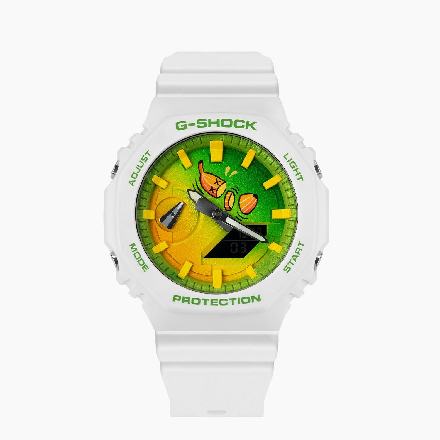 Vibrant hand-painted G-Shock CasiOak Banana Split watch showcasing a colorful banana-themed dial